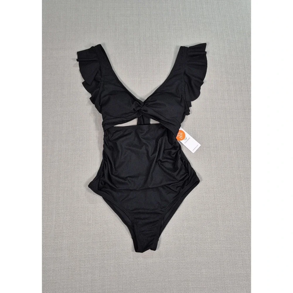 Charmo Maternity One Piece Swimsuit Black Ribbed Ruffle Cutout UPF 50 Size S NWT